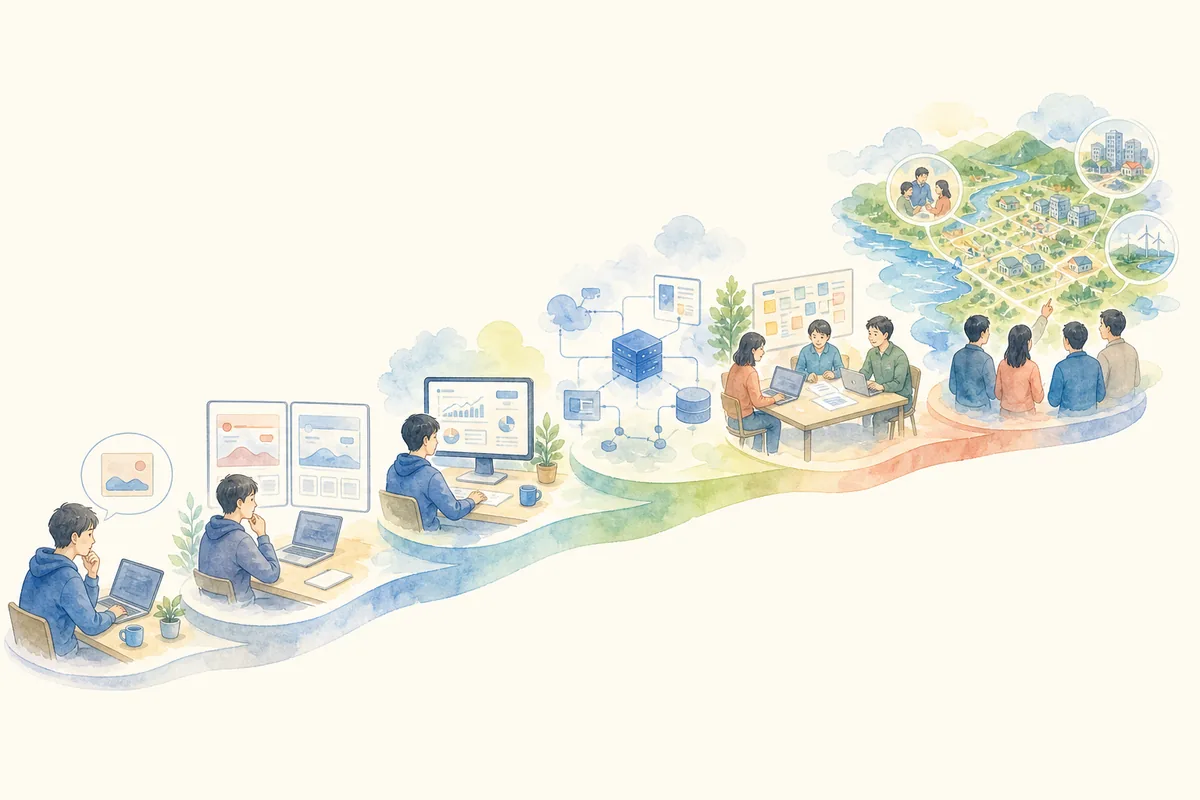 小さなAI成果物から事業設計まで、任せられる範囲が段階的に広がる図