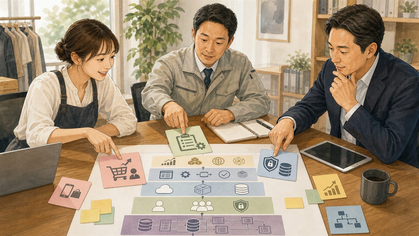 EC運営者、業務責任者、経営者がシステム開発計画を見直している様子