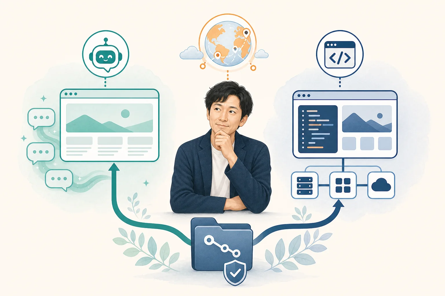 ChatGPT Sites、Cloudflare、Vercelの3つの公開先と、共通の原本になるGitHubを比較するイメージ